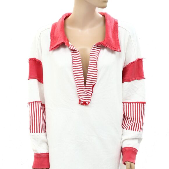 Free People We The Free Clean Prep Polo Pullover Top Oversized Striped S 281054 - Picture 3 of 9